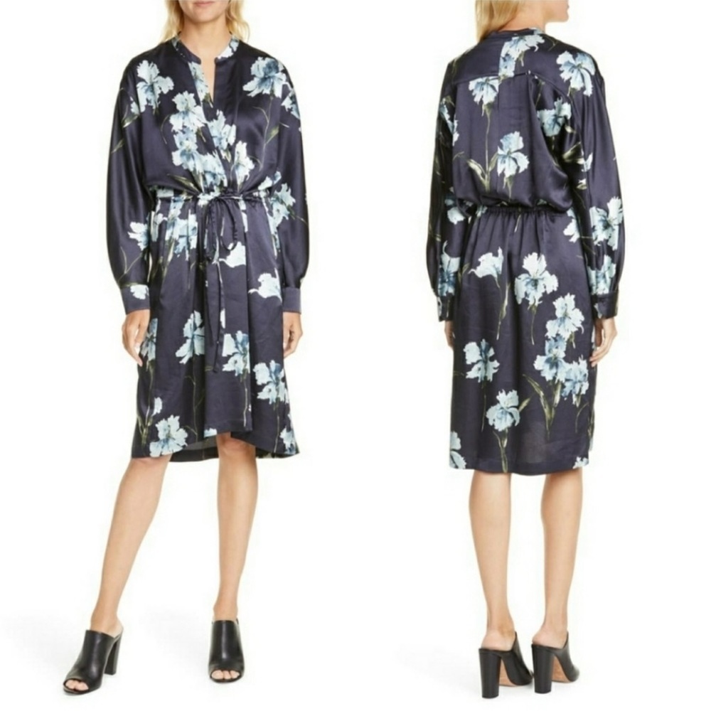 Vince Satin Blue Iris Midi Long Sleeve Floral Pleated Dress
